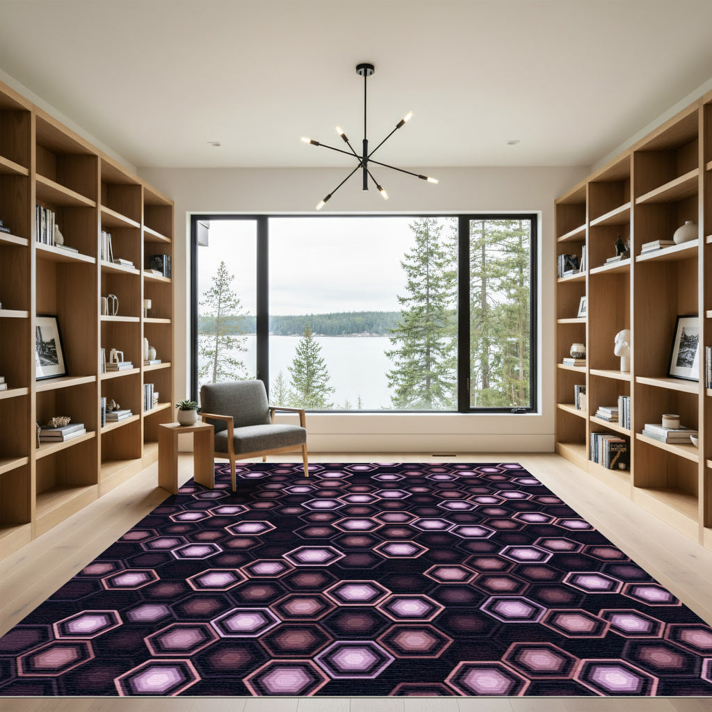 Modern Geometric Purple Hexagon Grid Rug