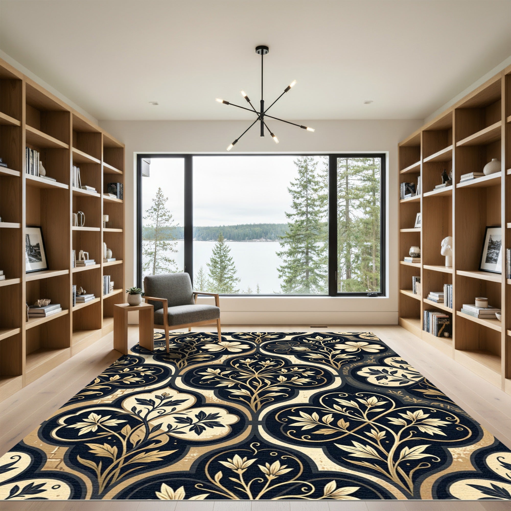Elegant Black and Gold Damask Foliage Rug