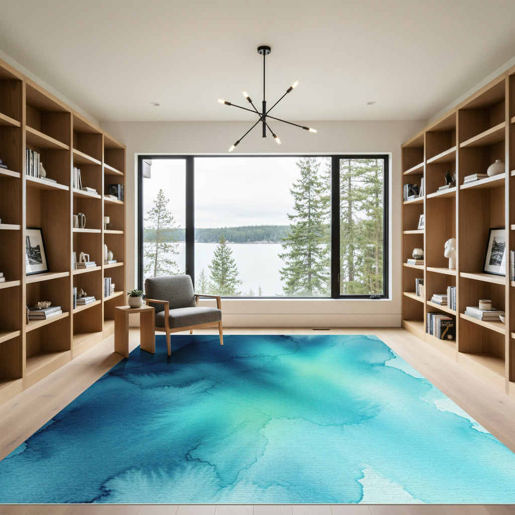 Abstract Teal Ocean Watercolor Wash Rug
