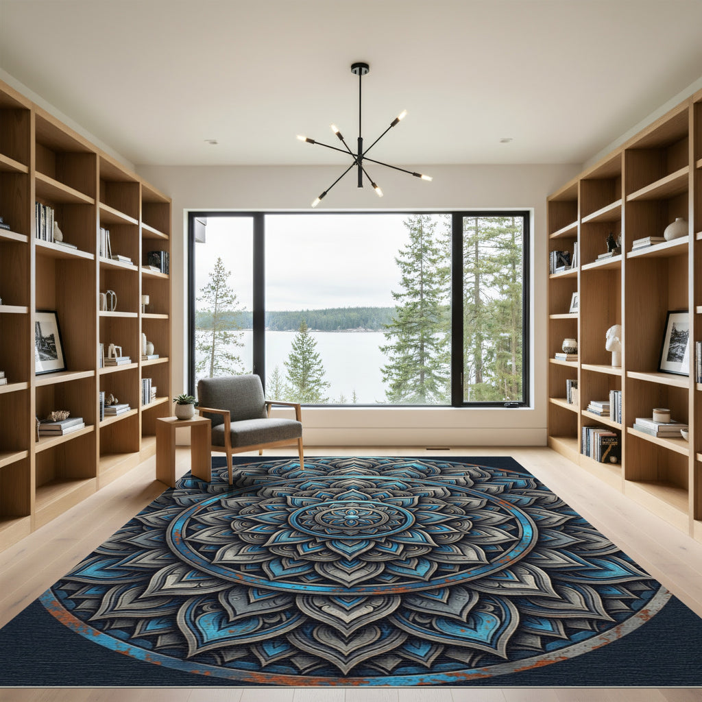 Distressed Blue Grey Sacred Lotus Mandala Rug