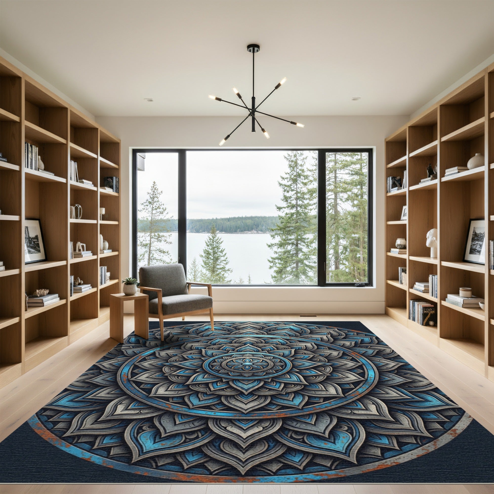Distressed Blue Grey Sacred Lotus Mandala Rug