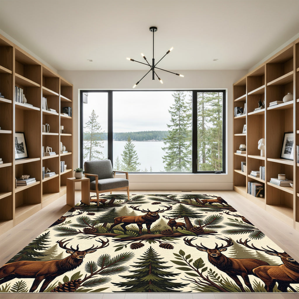 Rustic Forest Stag and Pine Cone Rug