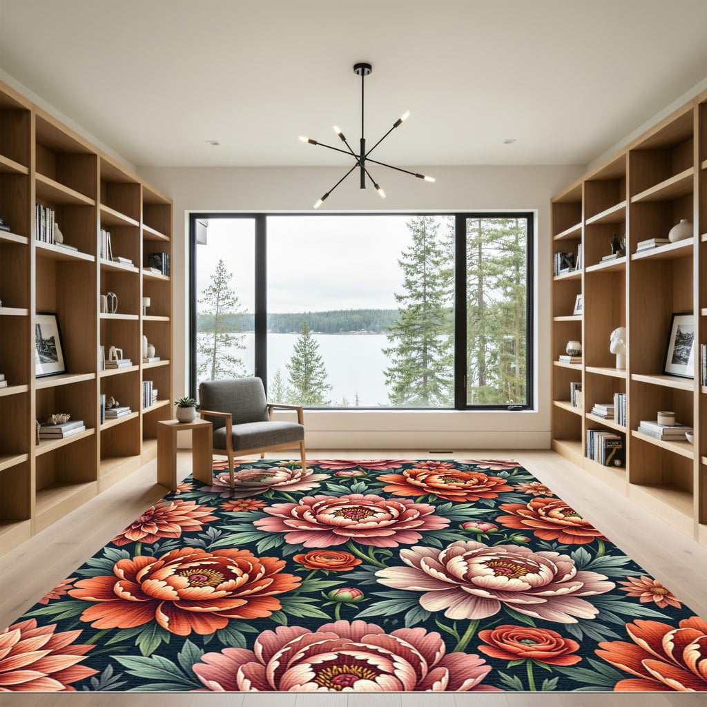 Coral Pink Peony Floral Illustration Rug