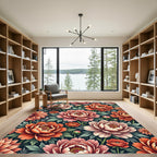 Coral Pink Peony Floral Illustration Rug