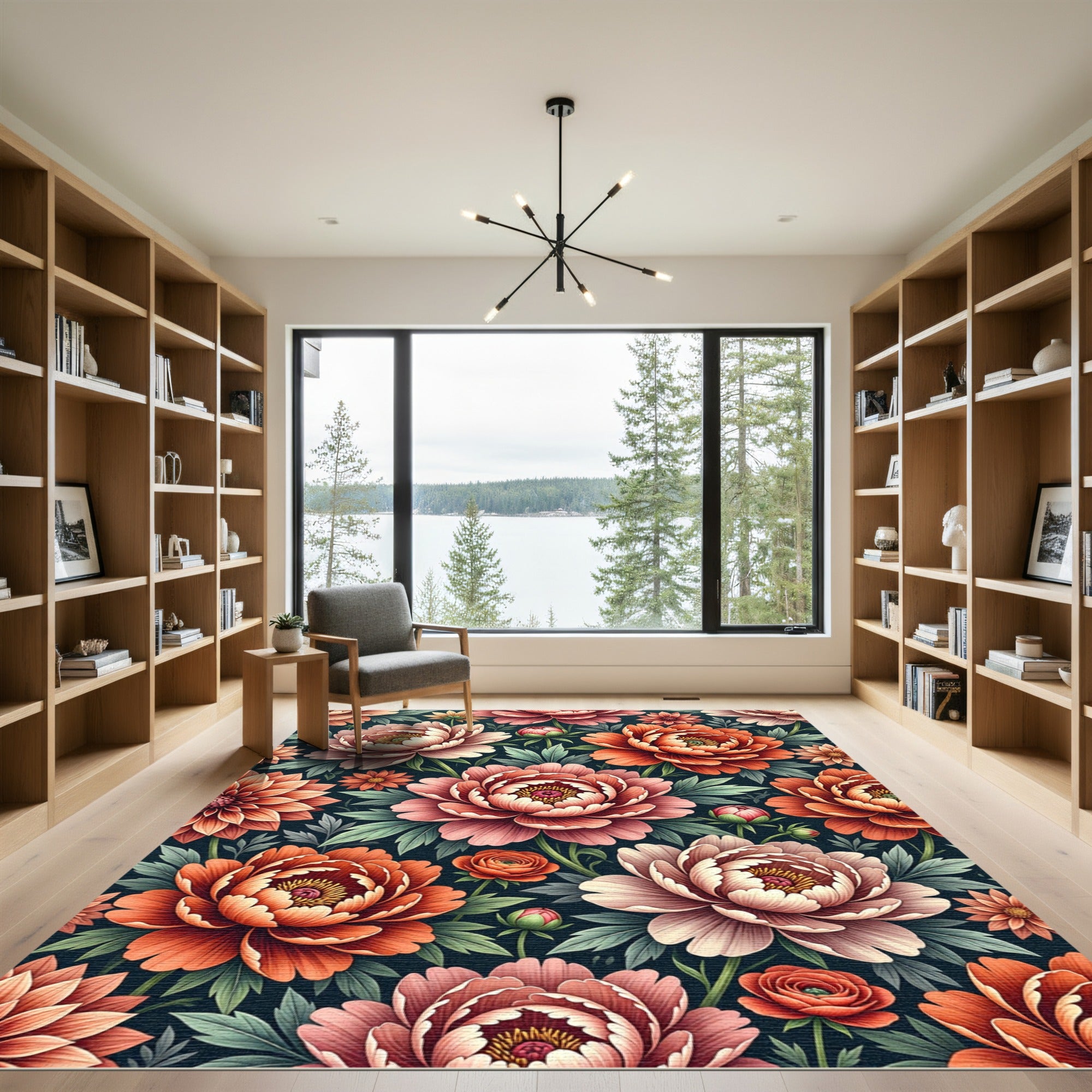 Coral Pink Peony Floral Illustration Rug