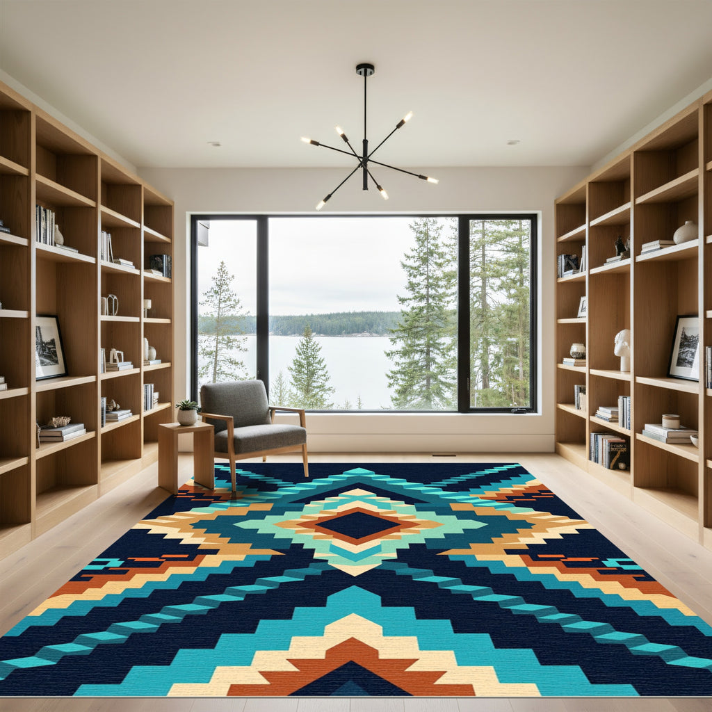 Geometric Staircase Teal Amber Diamond Rug