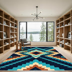 Geometric Staircase Teal Amber Diamond Rug