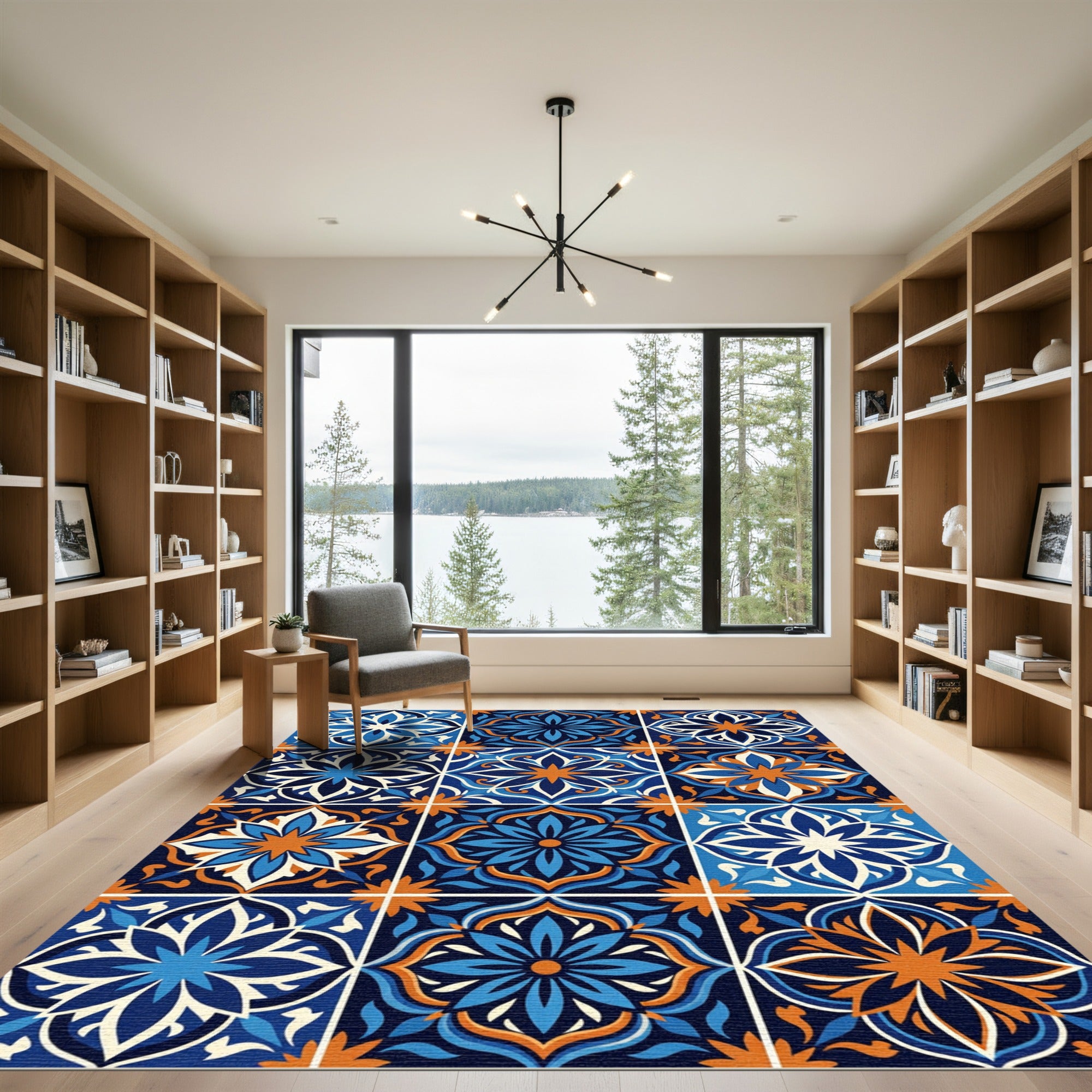 Blue and Orange Mediterranean Floral Tile Rug