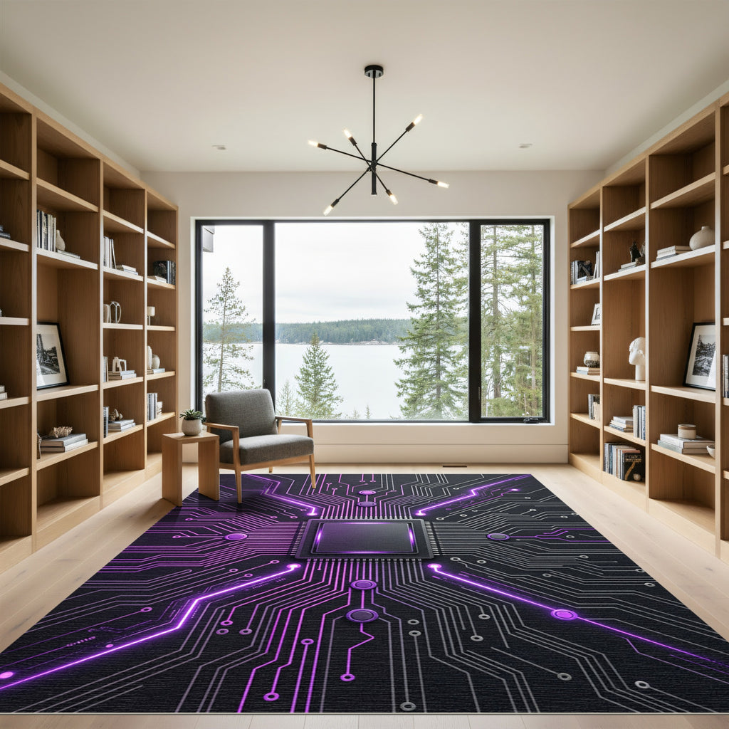 Cyber Neon Circuit Board Digital Art Rug