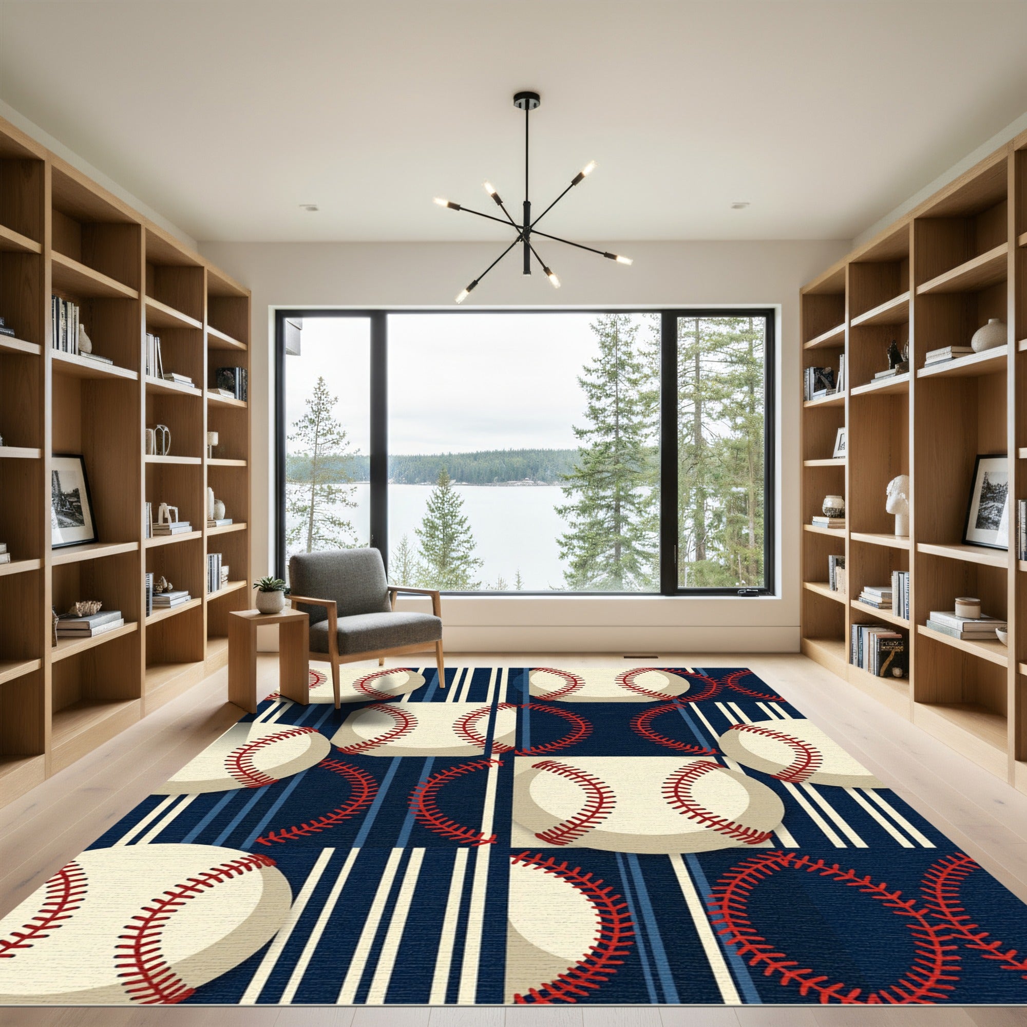 Contemporary Navy Baseball Striped Accent Rug