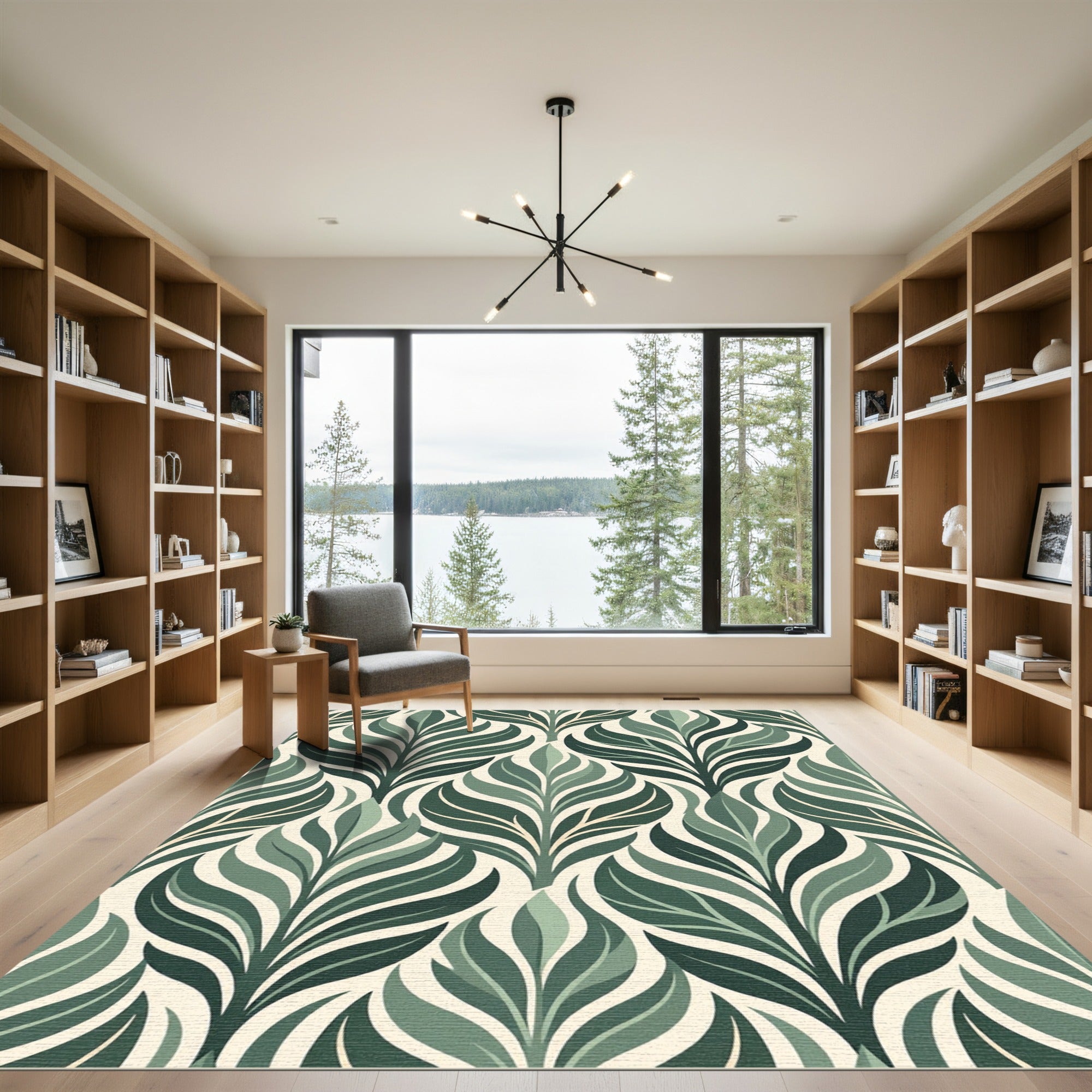 Olive Green Stylized Botanical Leaf Rug