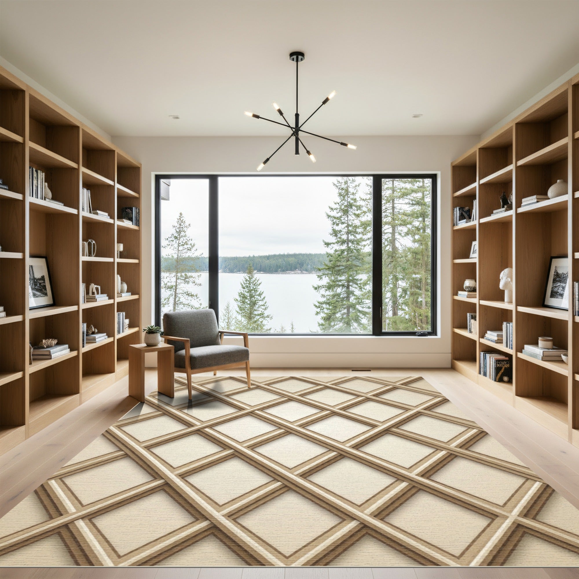 Sophisticated Beige Interlocking Geometric Lattice Rug