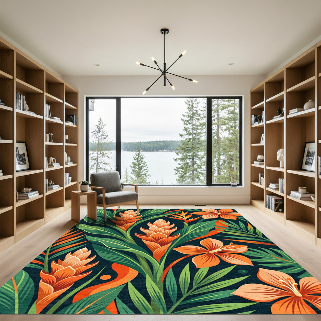 Vibrant Orange Ginger Blossom Tropical Foliage Rug