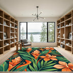 Vibrant Orange Ginger Blossom Tropical Foliage Rug