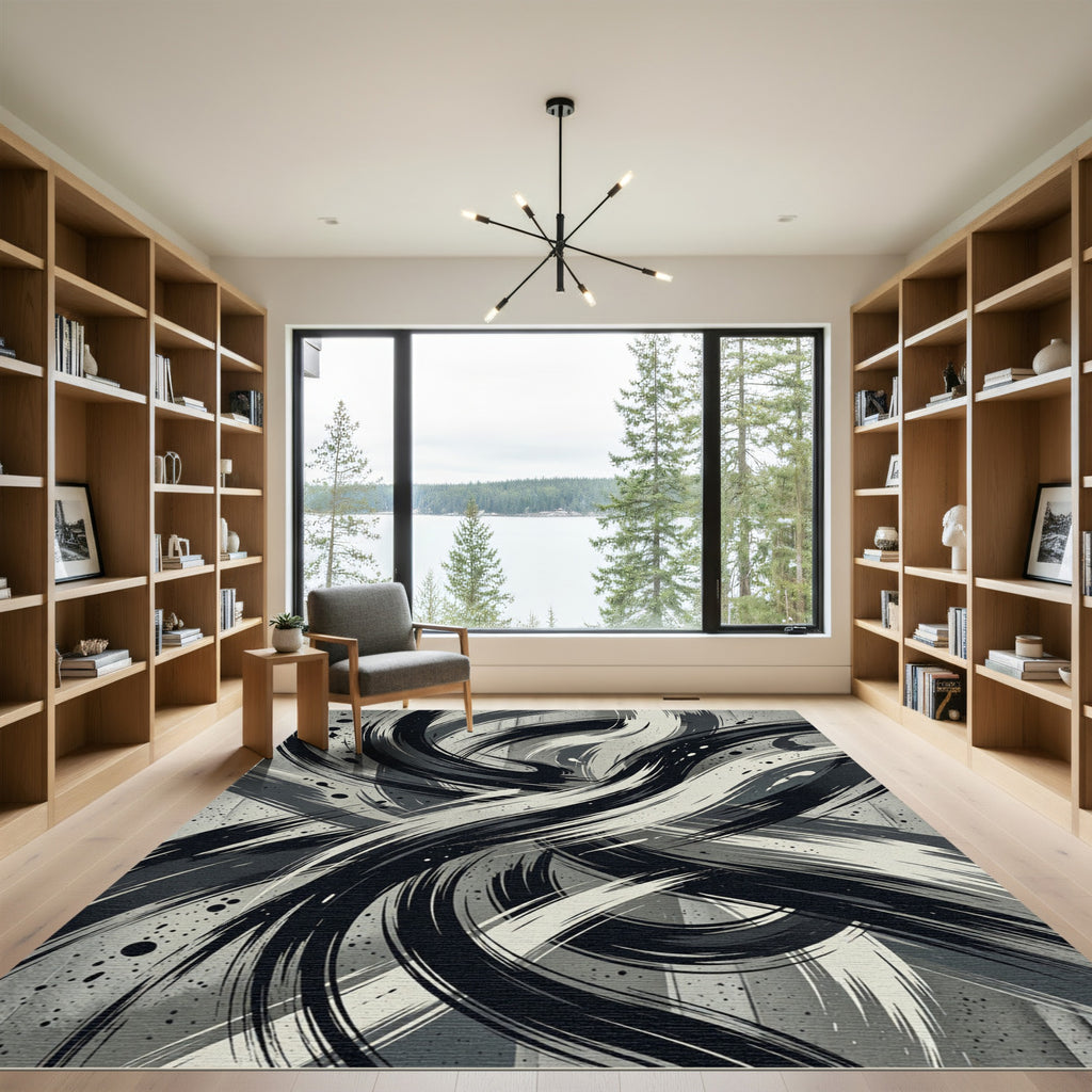 Monochrome Brush Stroke Dynamic Swirl Rug