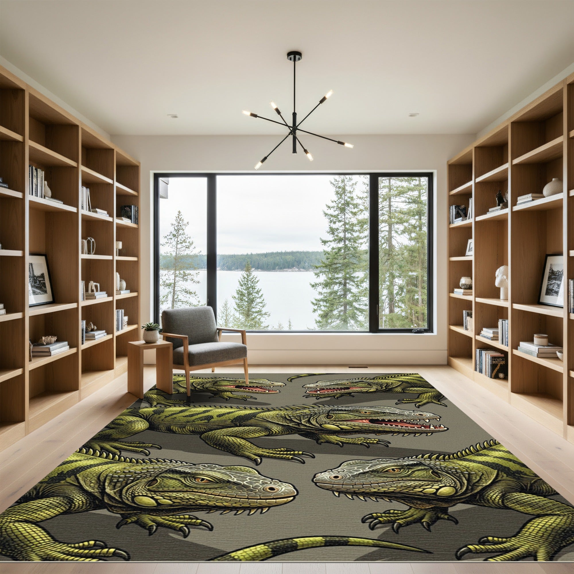 Vibrant Green Iguana Reptile Illustration Rug