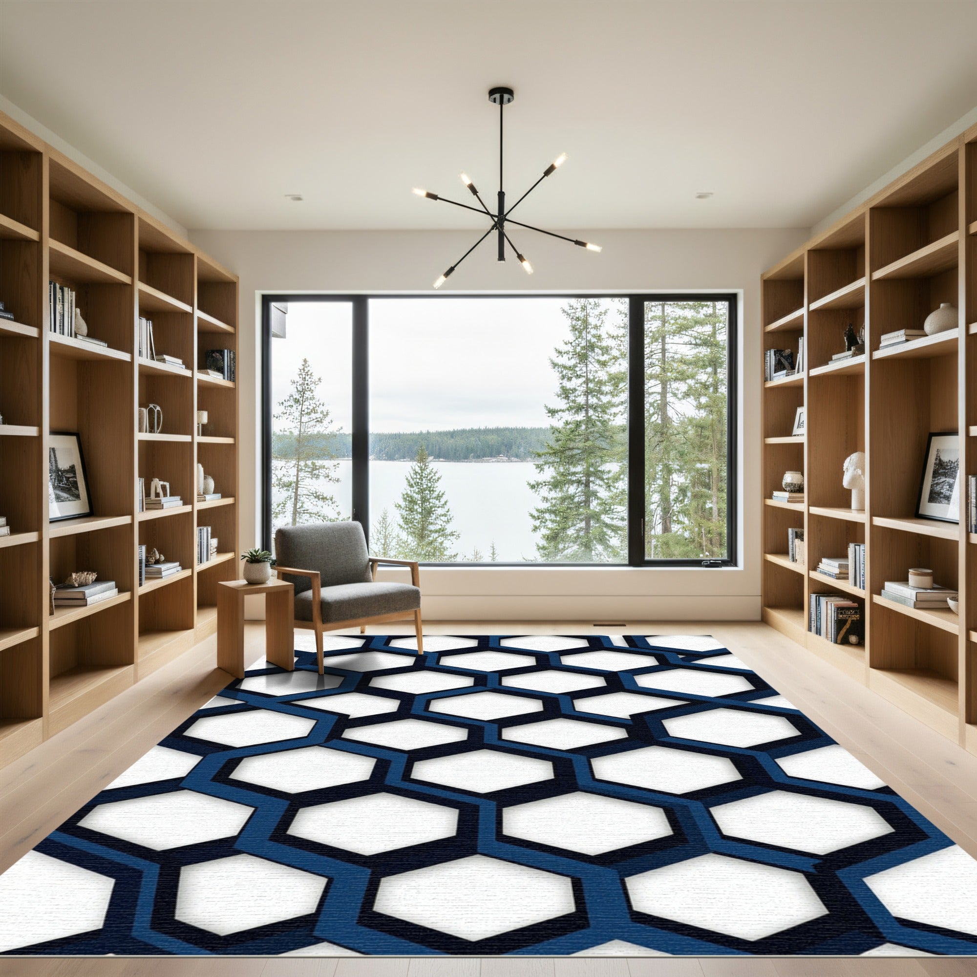 Modern Navy Geometric Interlocking Hexagon Rug
