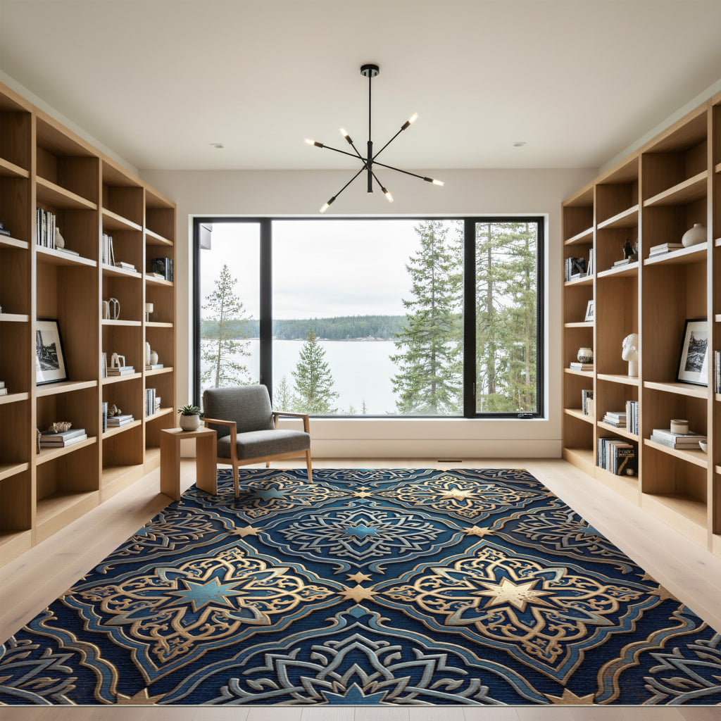 Deep Blue Gold Intricate Star Medallion Rug