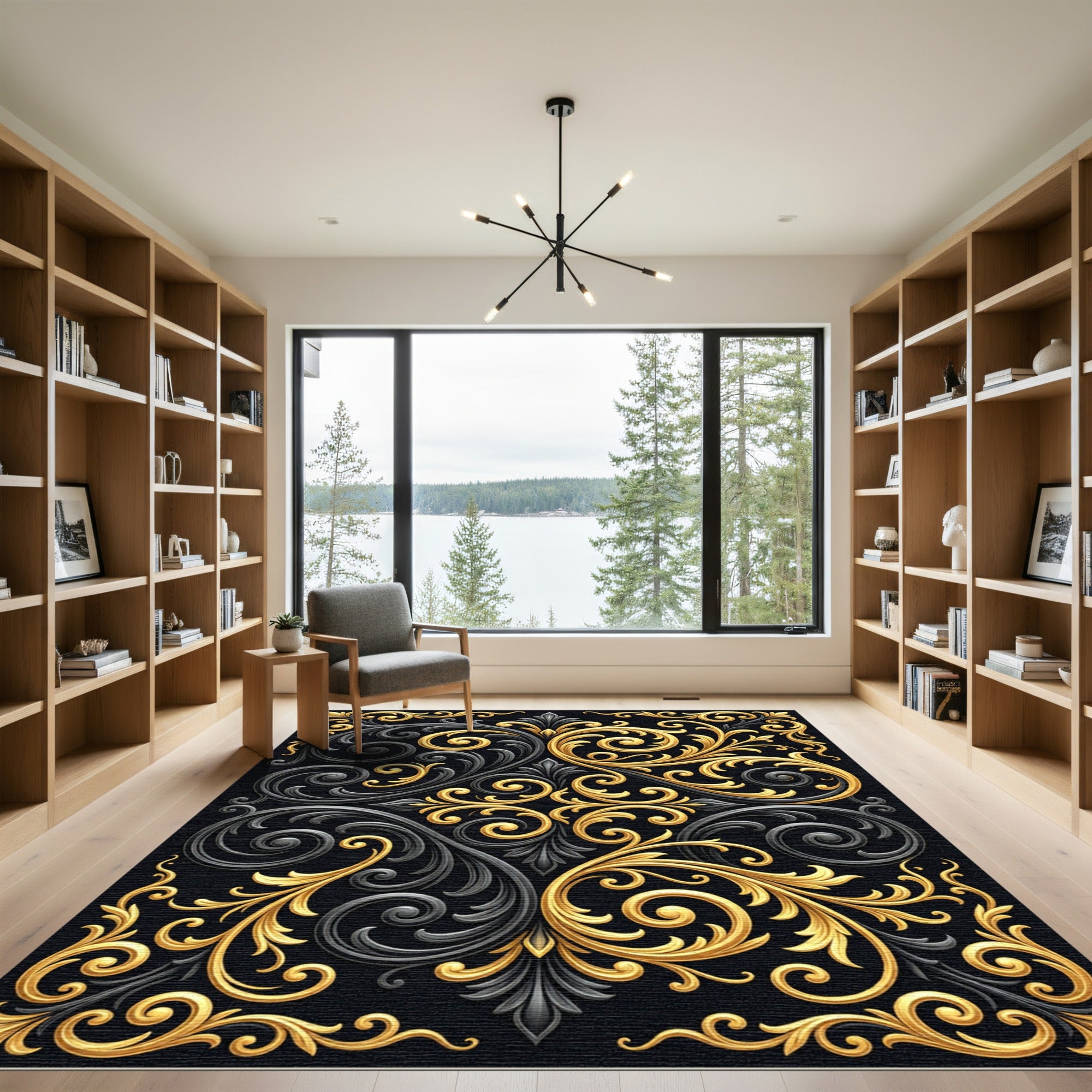 Black Gold Ornate Scrollwork Rug