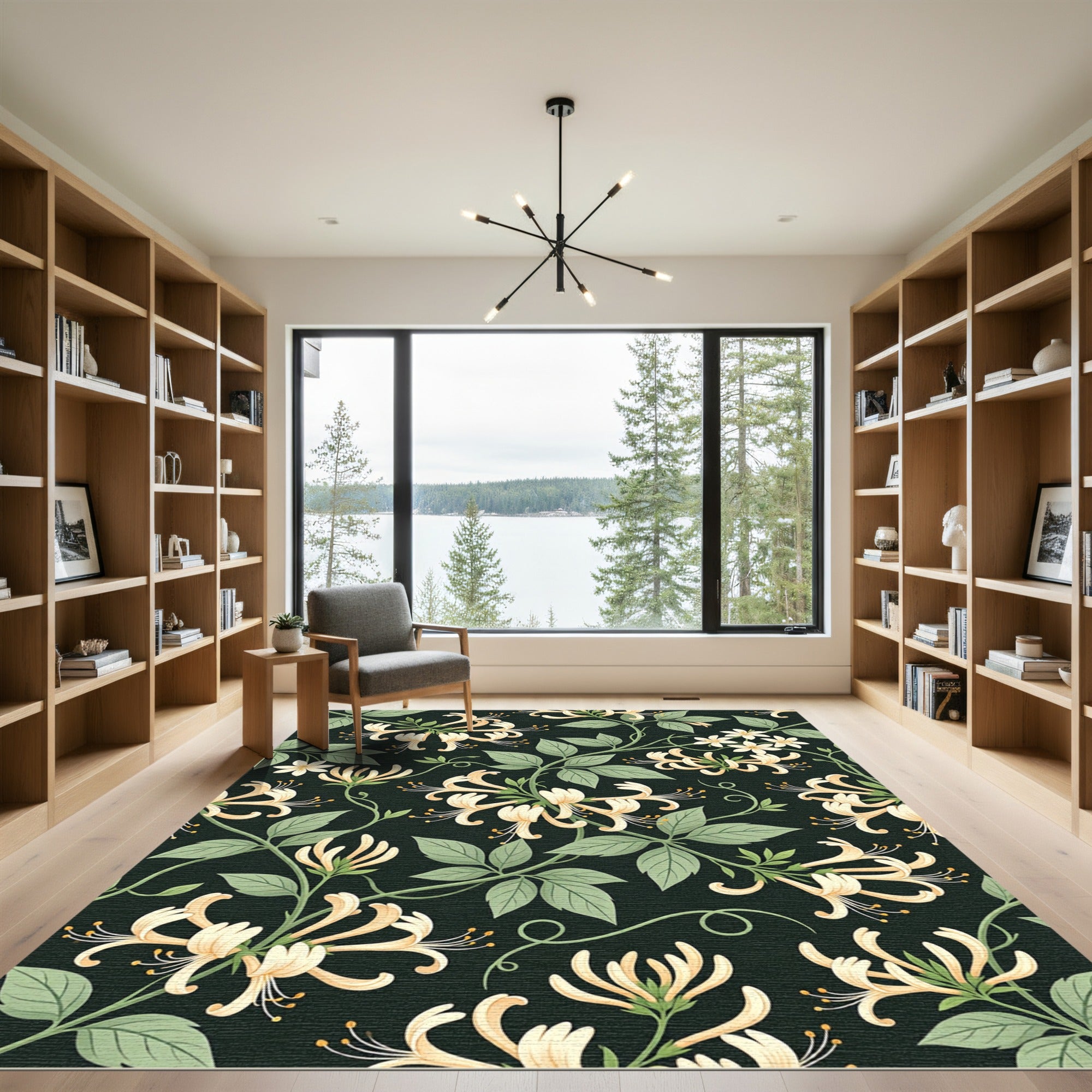 Elegant Honeysuckle Vine Botanical Dark Rug