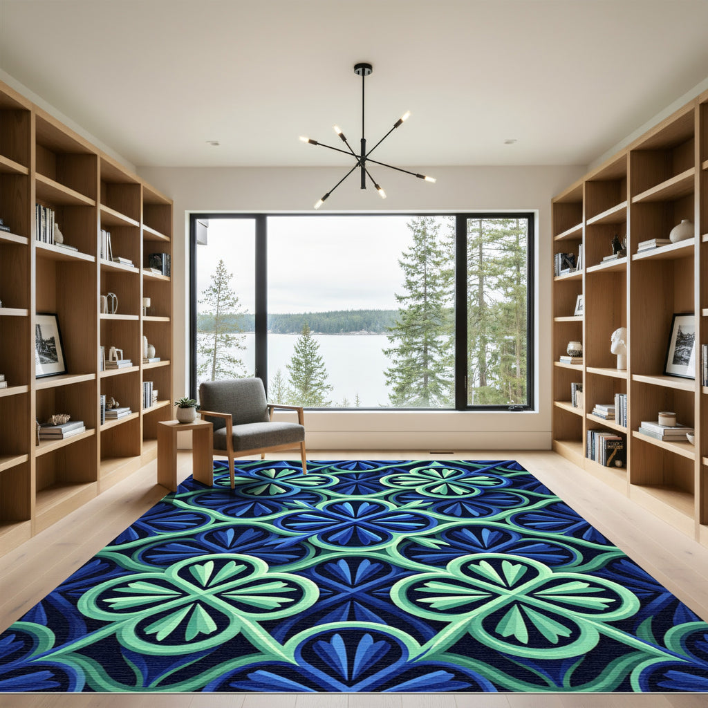 Geometric Azure Clover Botanical Area Rug