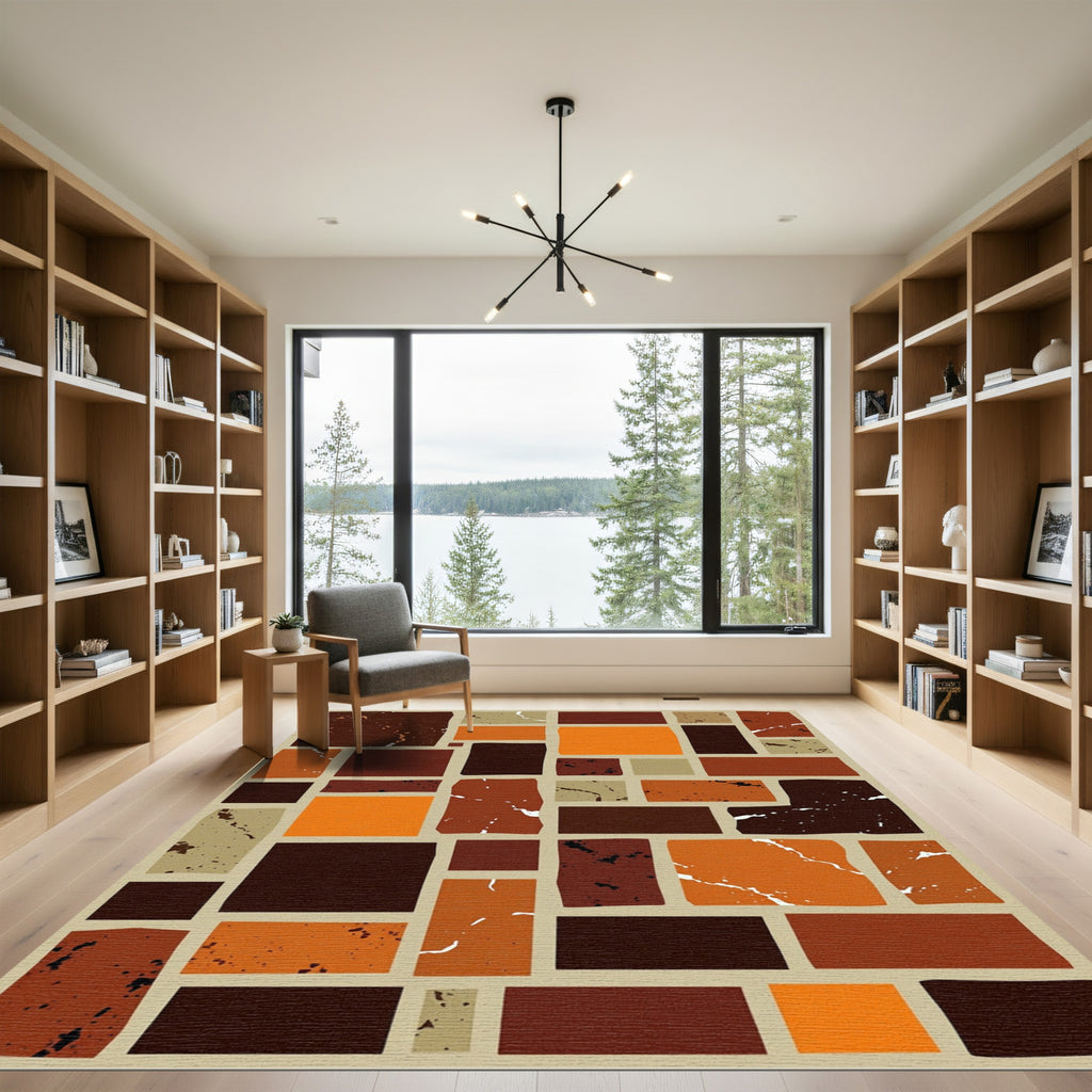 Terracotta Abstract Block Arrangement Accent Rug