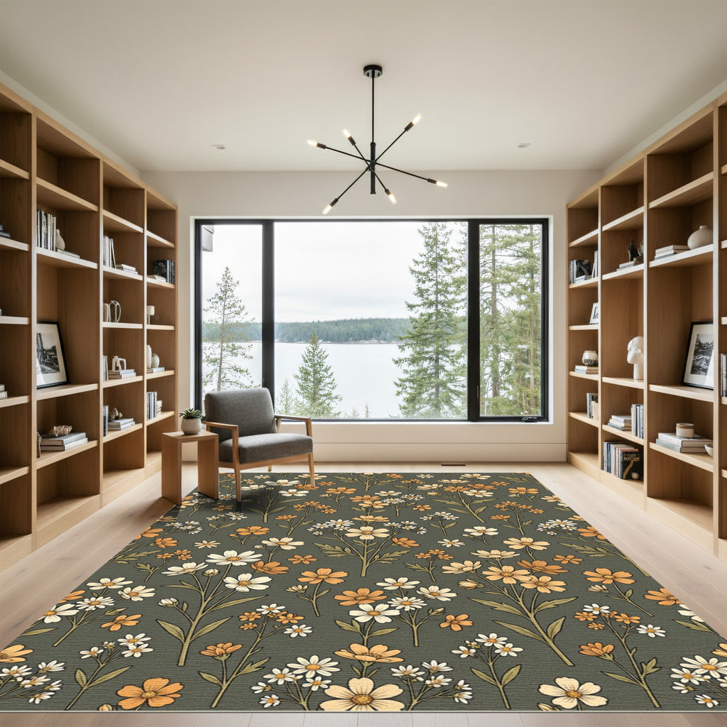Cream Orange Meadow Wildflower Arrangement Rug