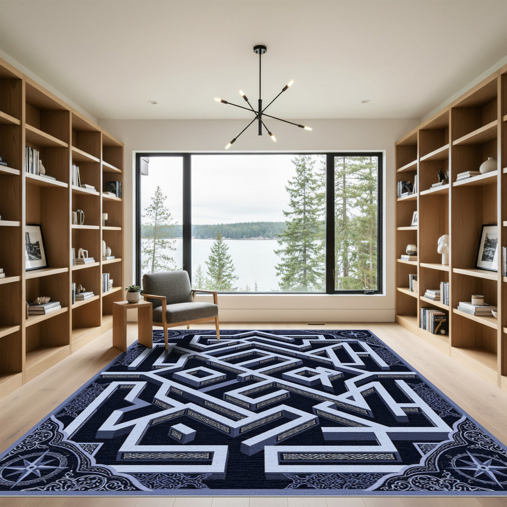 Geometric Navy Labyrinth Isometric Ornament Rug
