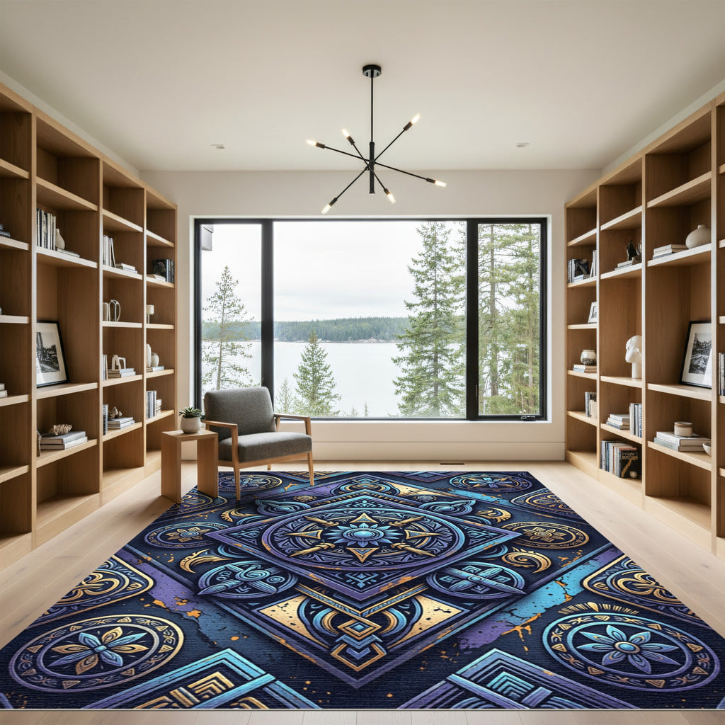 Royal Blue Gold Medallion Geometric Composition Rug