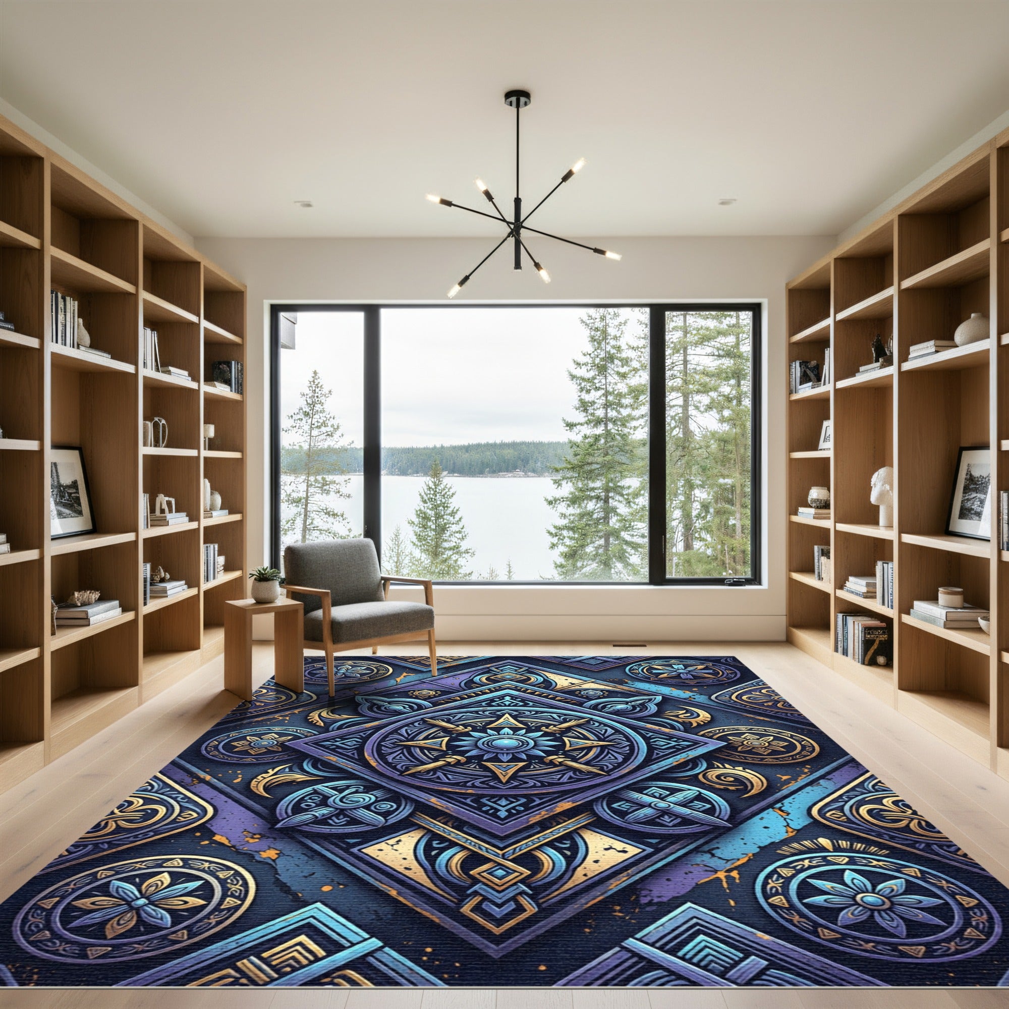 Royal Blue Gold Medallion Geometric Composition Rug