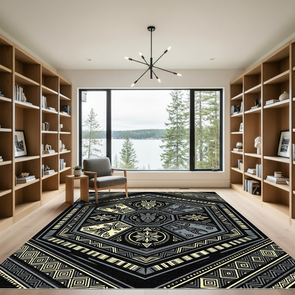 Geometric Hexagon Black Gold Tribal Totem Rug