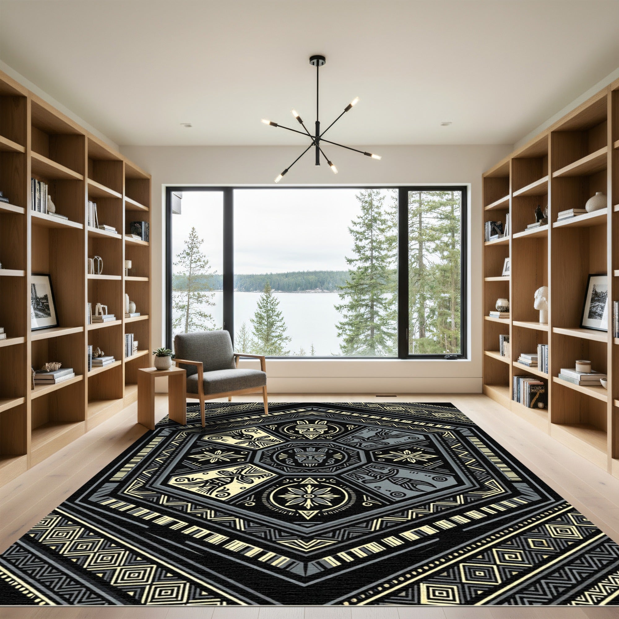 Geometric Hexagon Black Gold Tribal Totem Rug