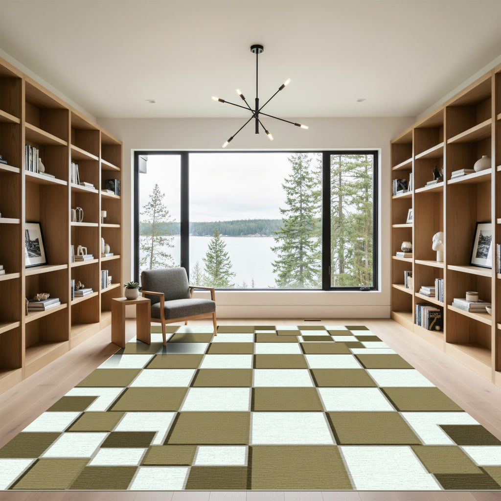 Earthy Brown White Square Illusion Rug
