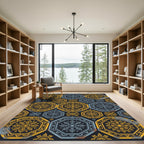Rustic Ochre Blue Mandala Medallion Rug