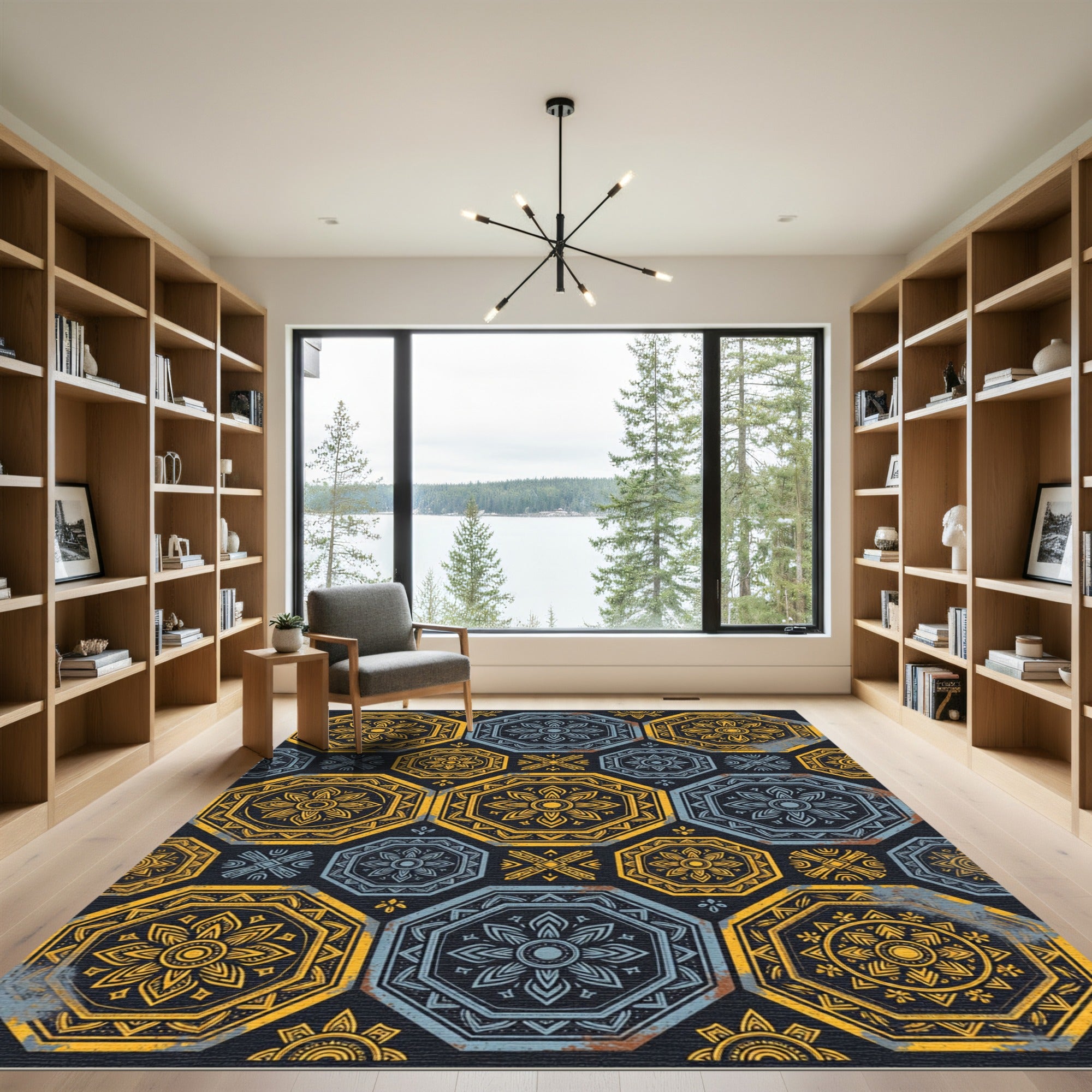 Rustic Ochre Blue Mandala Medallion Rug