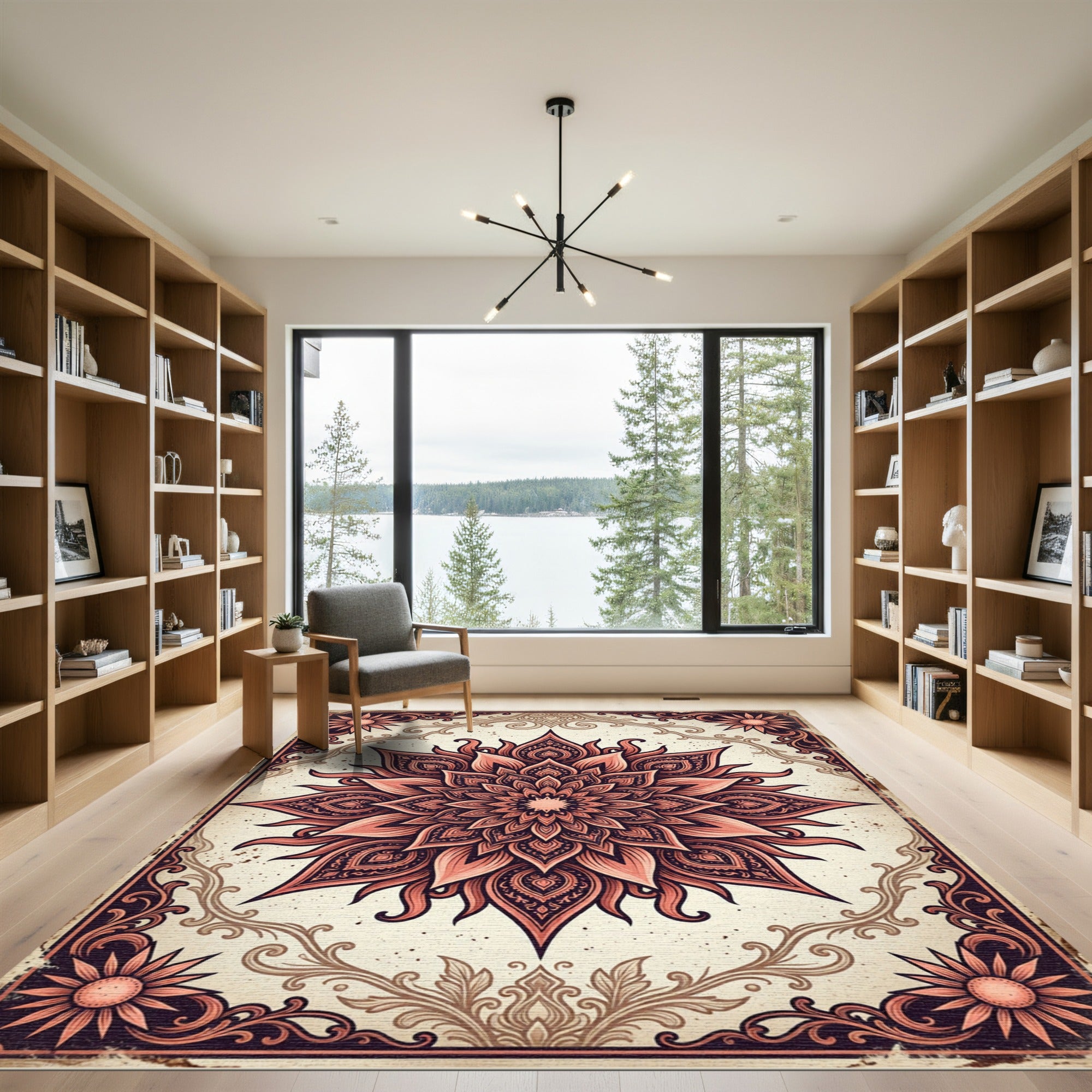 Intricate Terracotta Floral Mandala Medallion Rug
