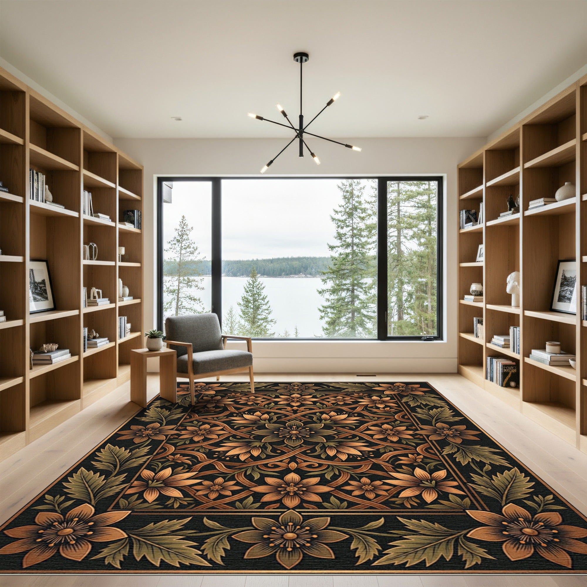 Gilded Floral Symmetry Ebony Tapestry Rug