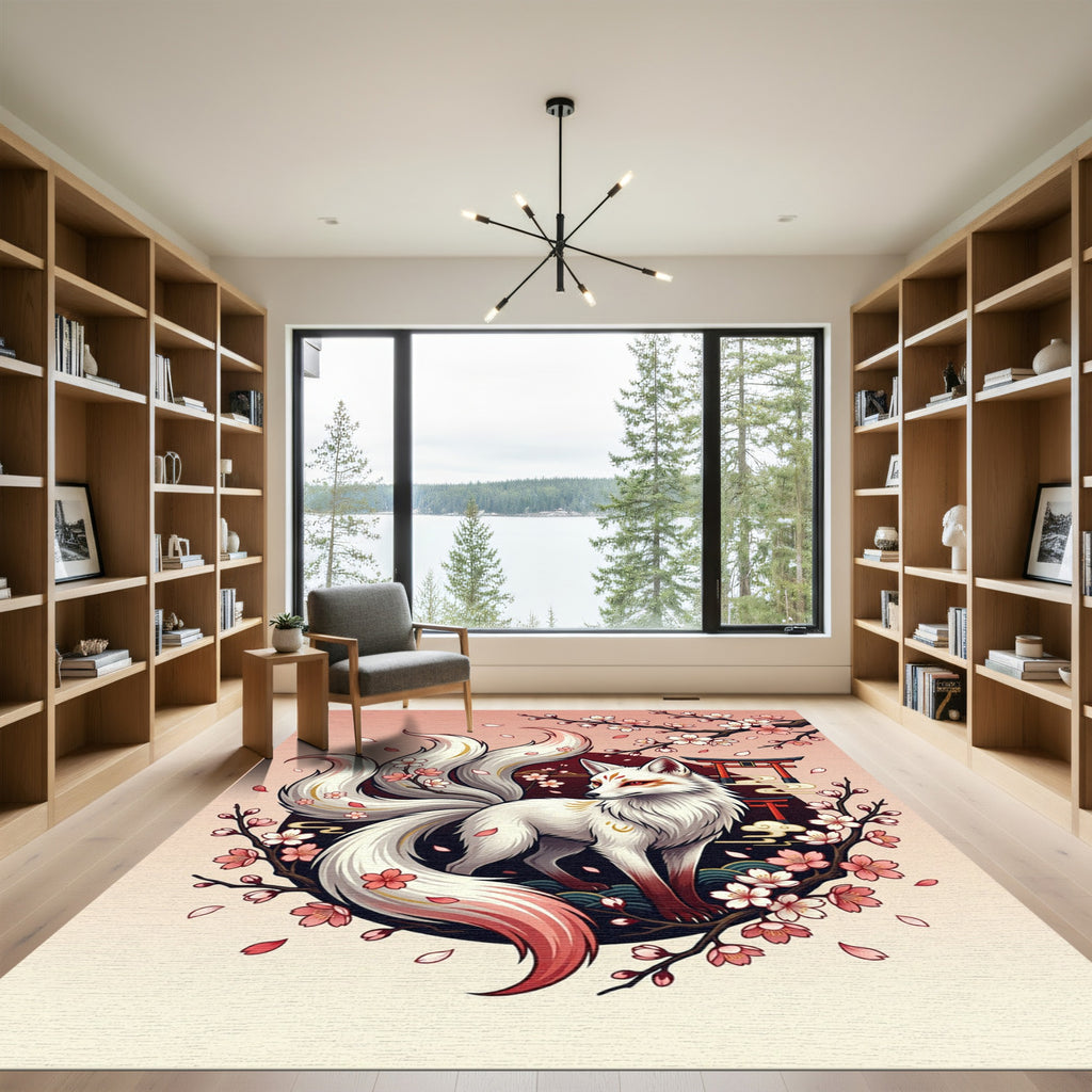 Mythical White Kitsune Cherry Blossom Art Rug