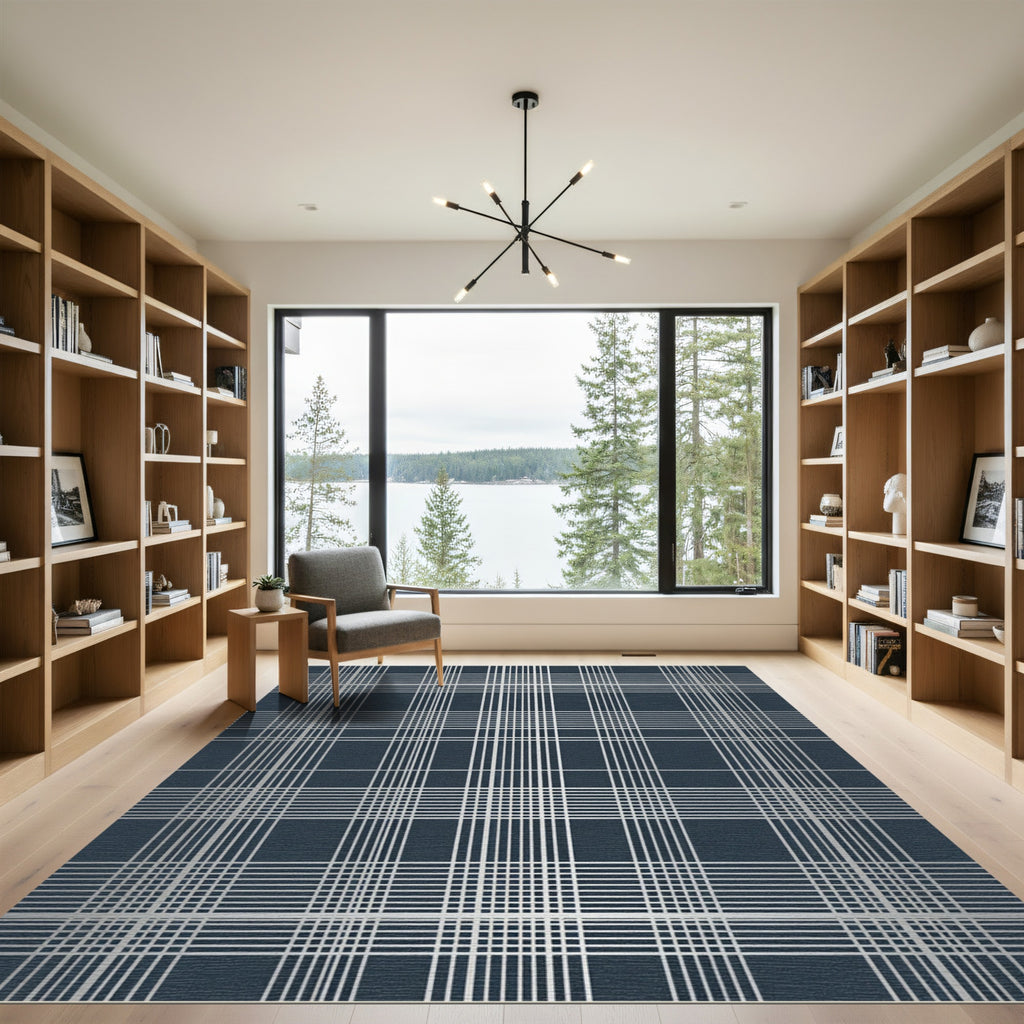 Navy Silver Tartan Check Rug