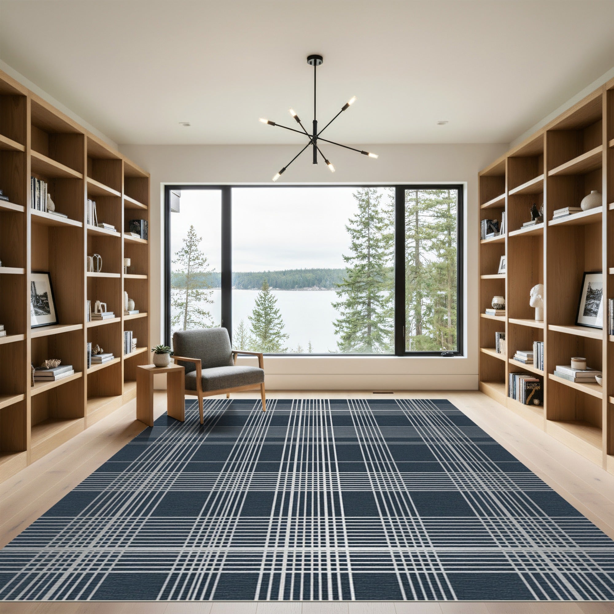 Navy Silver Tartan Check Rug