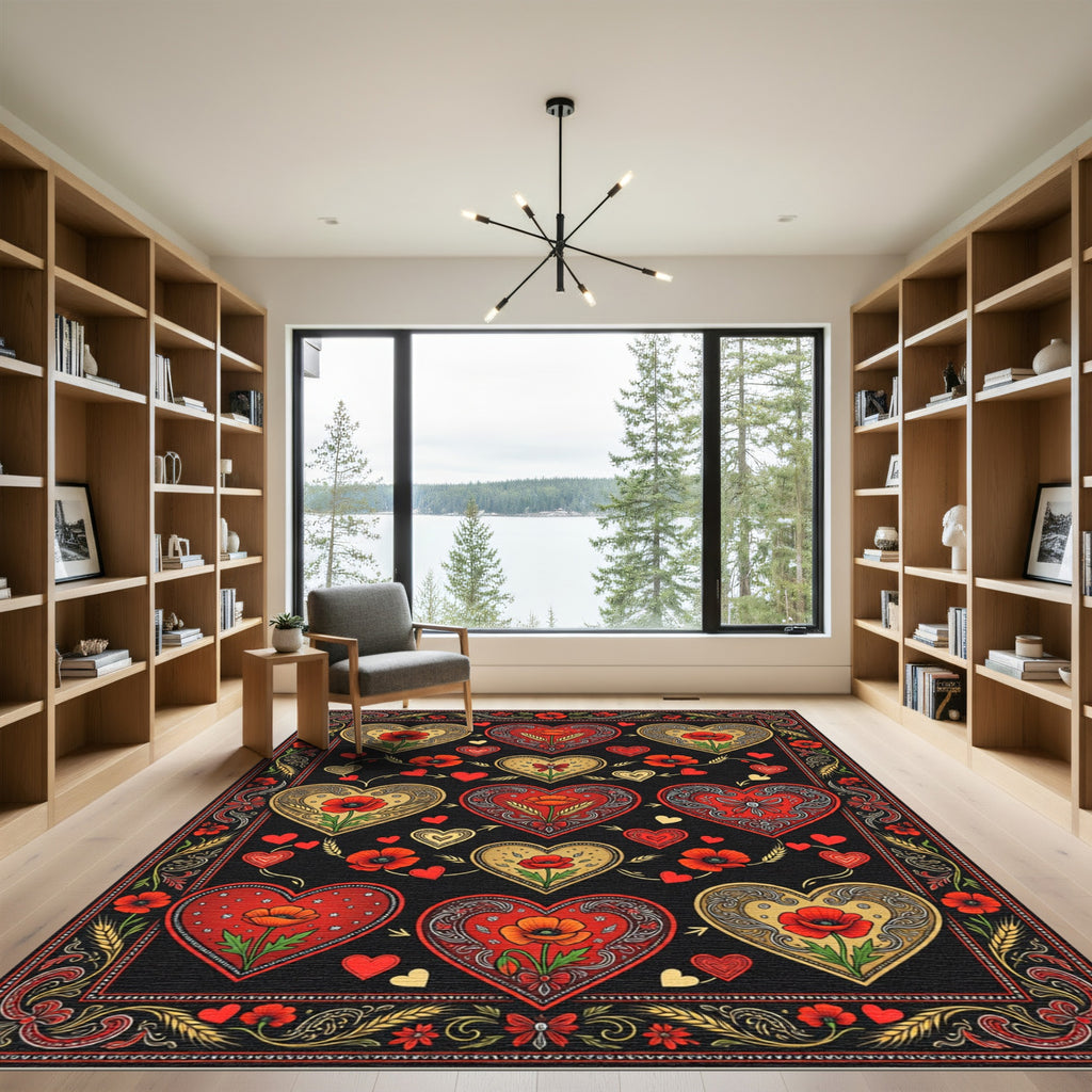 Red Gold Heart Poppy Floral Arrangement Rug