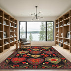 Red Gold Heart Poppy Floral Arrangement Rug