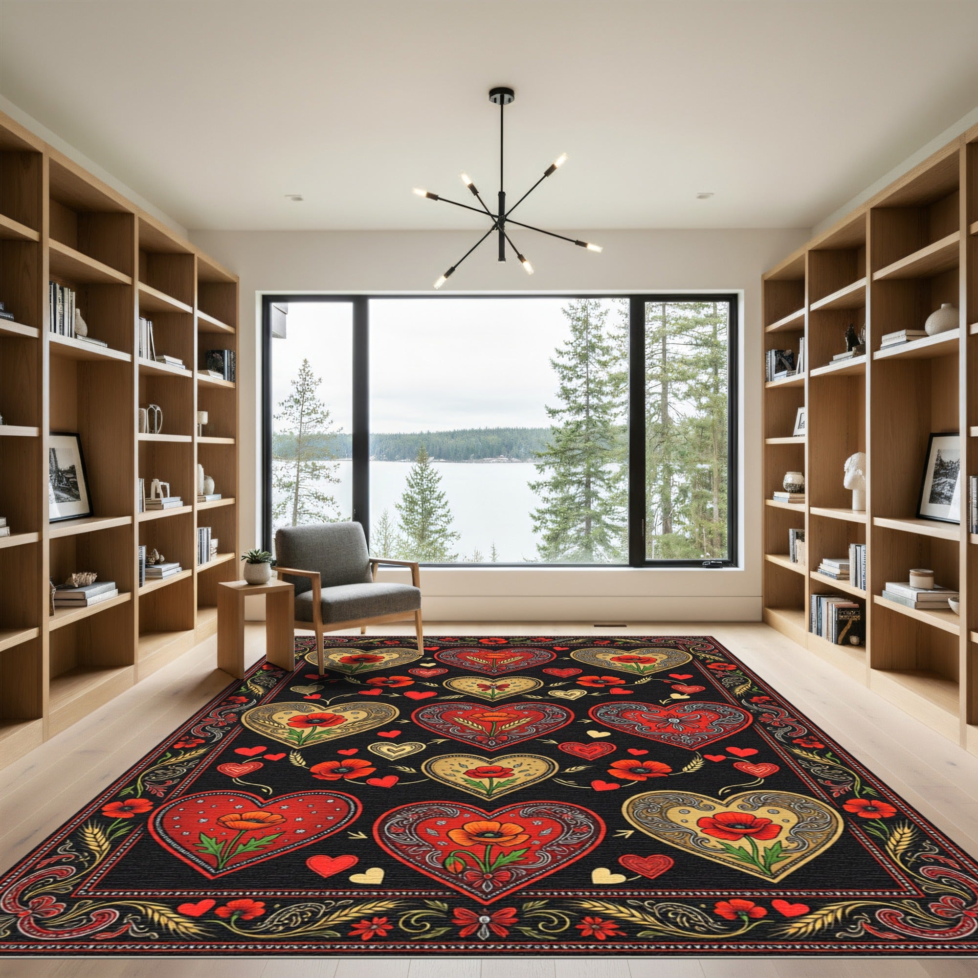 Red Gold Heart Poppy Floral Arrangement Rug