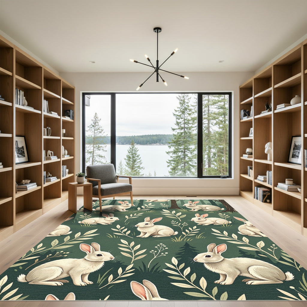 Whimsical Woodland Rabbit Forest Meadow Rug