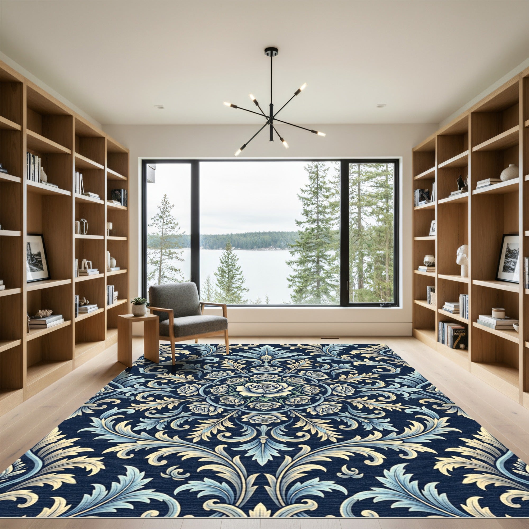 Elegant Navy Blue Rose Damask Medallion Rug
