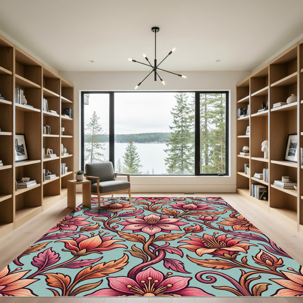 Tangerine Coral Floral Vine Rug