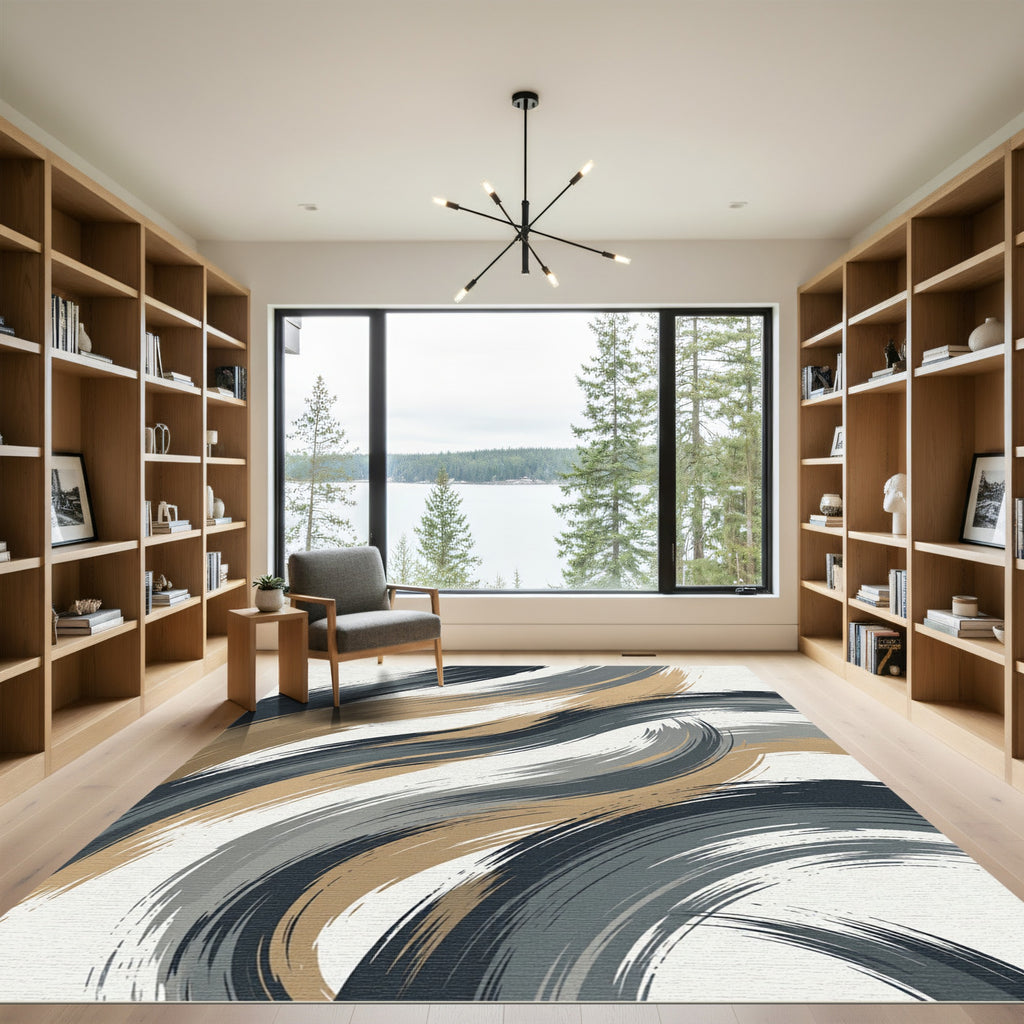 Modern Abstract Charcoal and Bronze Swirl Rug