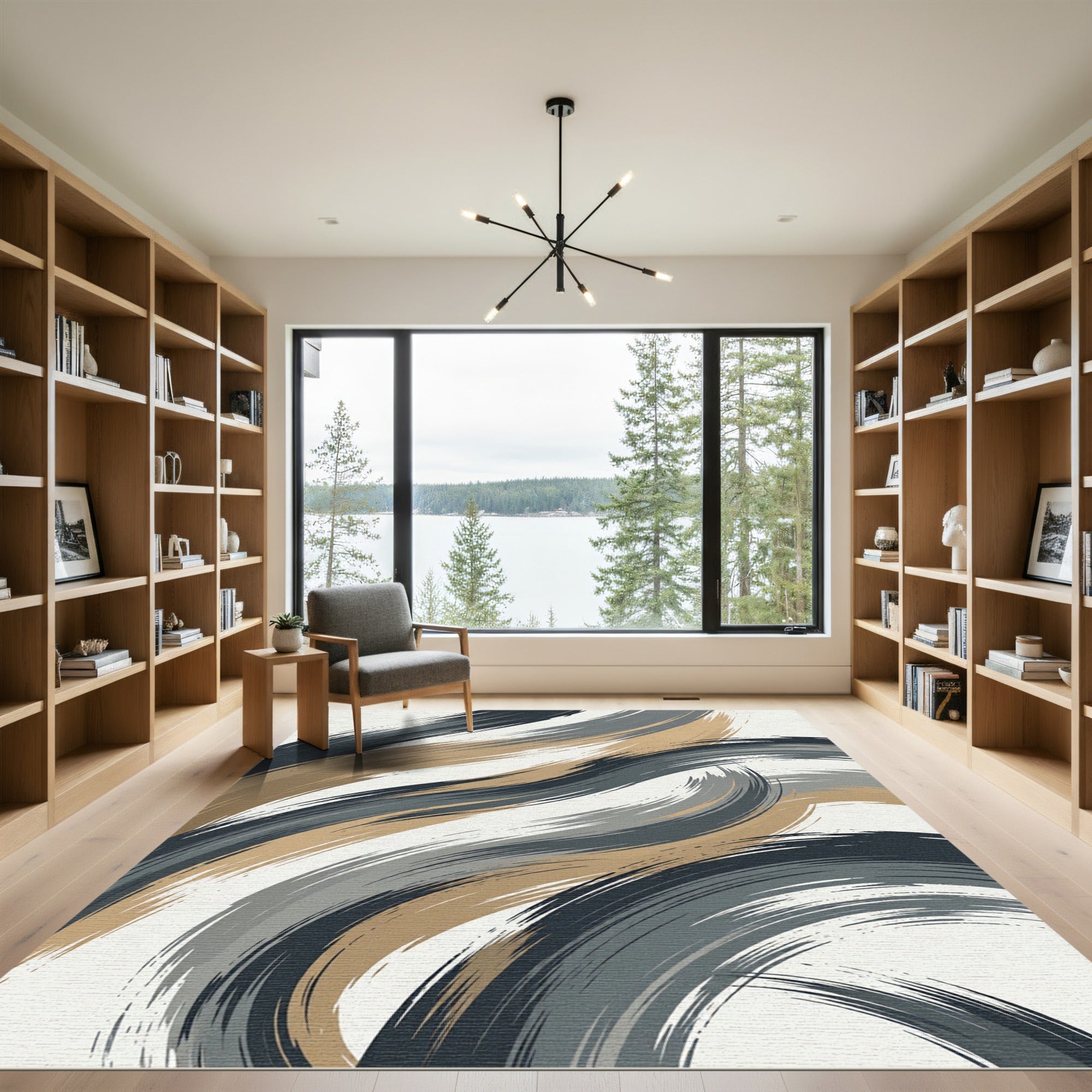 Modern Abstract Charcoal and Bronze Swirl Rug
