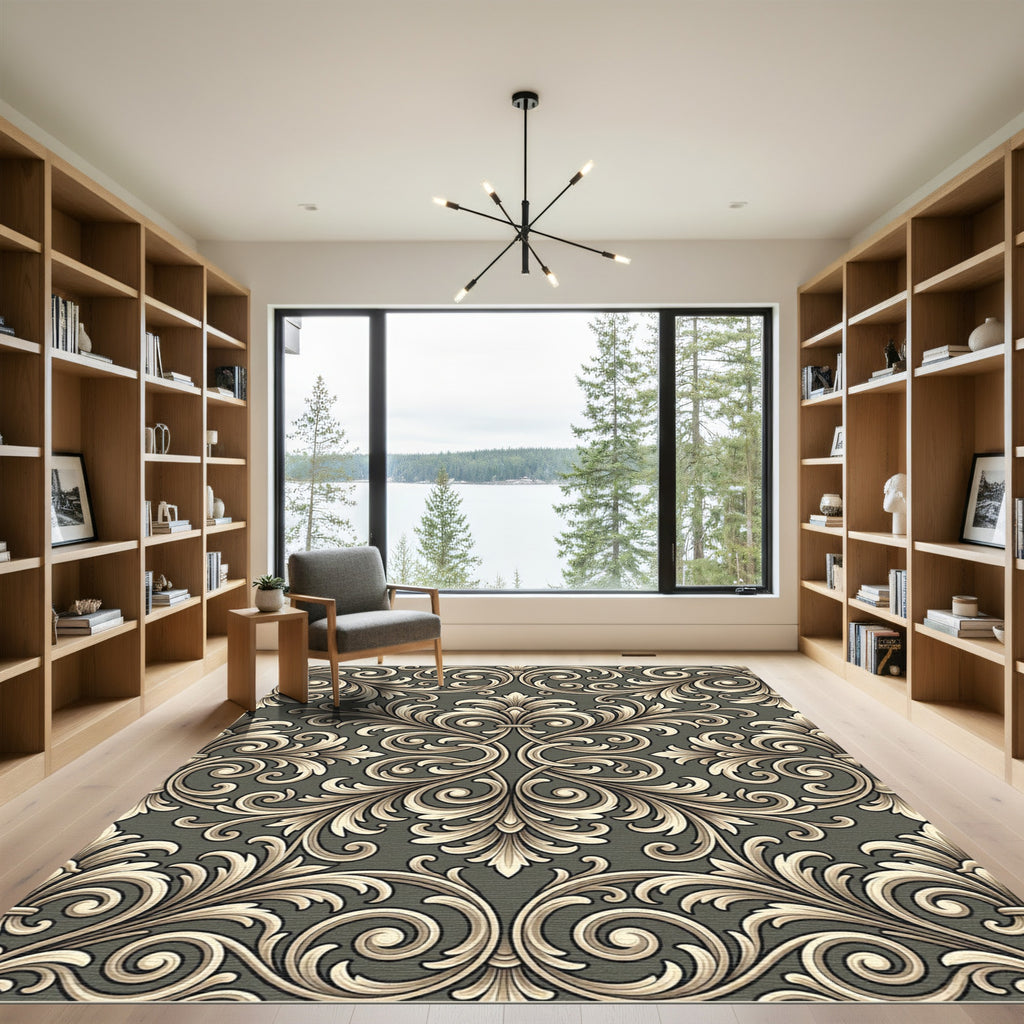 Elegant Ivory Scrollwork Damask Rug