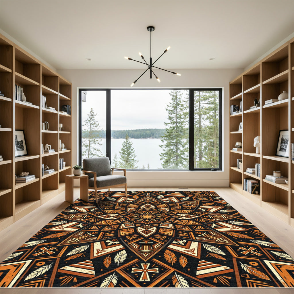 Earthy Boho Geometric Feather Sunburst Rug
